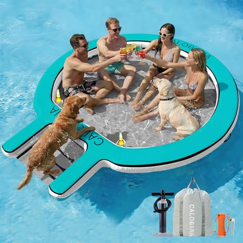 CALOBANA 10FT Water Hammock with Ramp, Inflatable Round Floating Ring with Ladder for Adults Pets, Heavy Duty Floating Dock with Dog Ramp Cup Holder Tanning Raft for Lake, River, or Boat Party