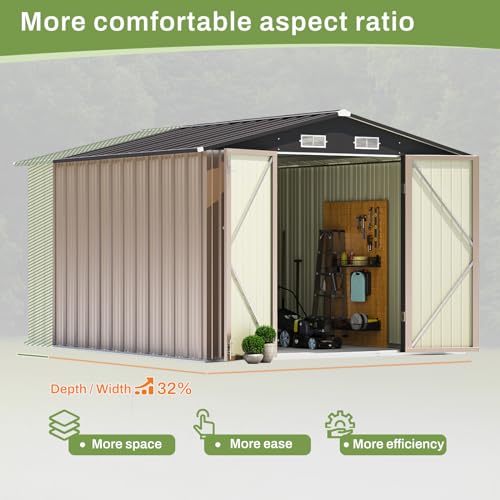 Image of Patiowell 8x10 FT Outdoor Storage Shed, Large Garden Tool Metal Shed with Sloping Roof and Double Lockable Door, Outdoor Shed for Backyard Garden Patio Lawn, Brown