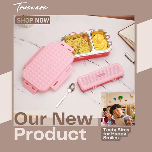 Image of Trueware Crest Lunch Box 2 Compartment Leak-Proof BPA Free Stainless Steel, Lunch Box for Kids, Lunch Box for School & Office with a Spoon, 580 ML (LBK-Crest-Pink BAZ)