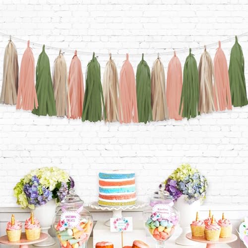 Image of Retro Pink Sage Green Tassel Garland for Woodland Baby Shower Decorations Boho Birthday Party Gender Reveal Decorations 15PCS