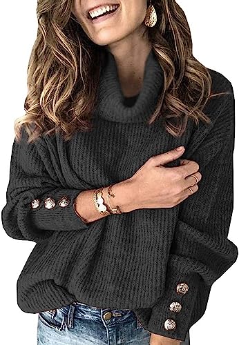 Wenrine Jersey de cuello alto para mujer oversized de invierno de manga larga de punto casual cálido pullover suelto de punto suéter con botones metálicos, Negro , XL