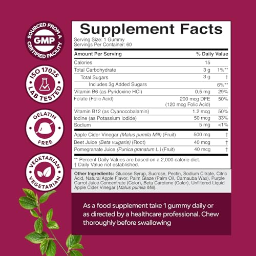 Apple Cider Vinegar Gummies with Mother - Cleanse & Detox ACV Gummies for Weight Loss, Gut Health, Bloating, Metabolism & Energy Support - ACV with Mother with B12 Vitamin, B6 & Pomegranate - 60 Ct