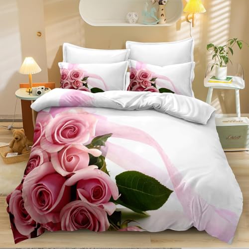 Funda Nordica Cama 90 Rosa Rosa Ropa de Cama Flores Microfibra Suav Funda Edredon 150x200, Funda Nórdica Planta y 2 Funda de Almohada 50x80 cm, d8224