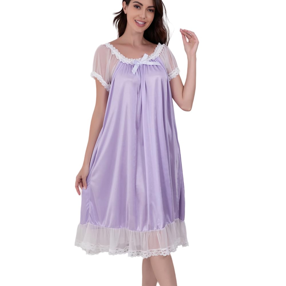 Camicia da Notte Donna,Filato Elastico Rosa da Donna Camicia da Notte vittoriana Manica Corta da Donna ，Macchia la Seta Pigiama