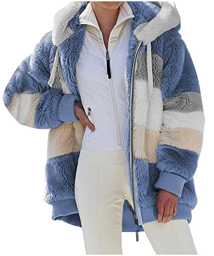 ebossy Women's Oversized Faux Fleece Hooded Coat Full Zipper Color Block Shearling Winter Warm Sherpa Jacket Outwear2