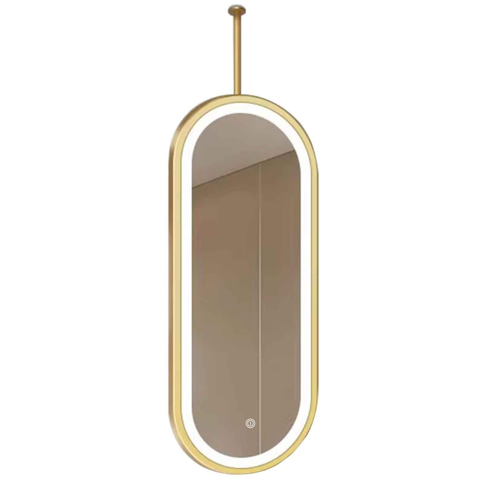 FGXHHS Gold Metal Pole Ceiling Suspended Mirror with Light, Mounted Hanging Corridor Bathroom Oval - 3 Colors Dimmable Light(40cmx70cm)