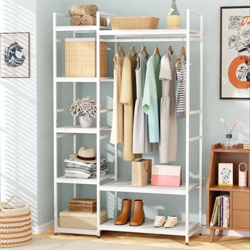 Image of Lukzer Heavy Duty Garment Rack with 8 Shelves & Hanging Rod | Free-Standing Modern Clothes Stand Metal & Engineered Wood Shoe Rack with Adjustable Foot Pads for Living Room - MMR-004 /White & White