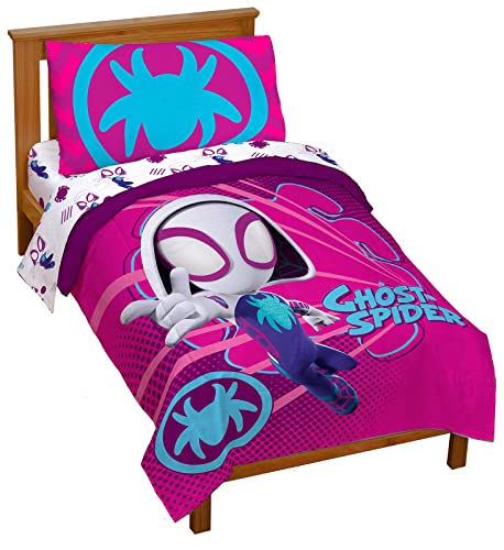 Marvel Spidey & His Amazing Friends Ghost Spider Gwen 4 Piece Toddler Bed Set - Bedding Includes Comforter & Sheet Set - Super Soft Fade Resistant Microfiber