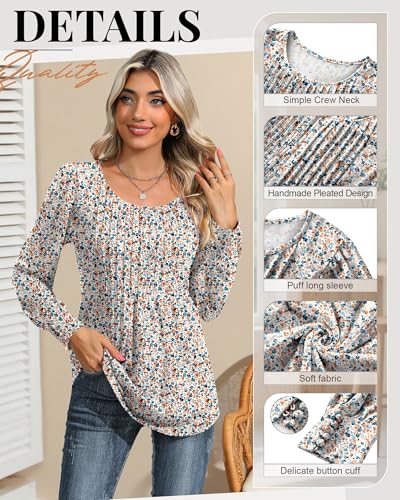 Ficerd Women's Puff Long Sleeve Tunic Tops Pleated Crew Neck Blouses Dressy Casual Loose Fit Fall and Winter Shirts2