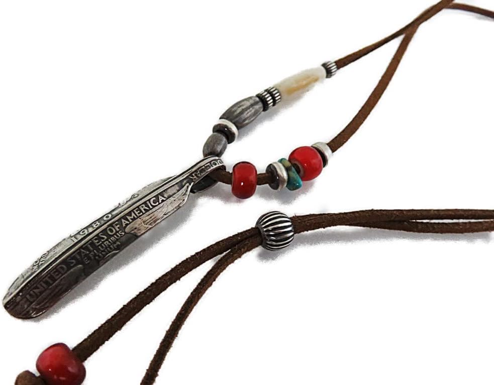 銀貨 フェザー ネックレス コイン ホワイトハーツ ターコイズ ビーズ シルバー925 羽根 サーフボード