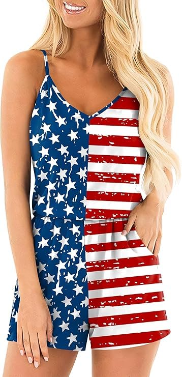AOBUTE 4th Of July Romper For Women Shoulder Strap Red White Blue Jumpsuits Stars Striped Print Memorial Overalls With Pockets XL