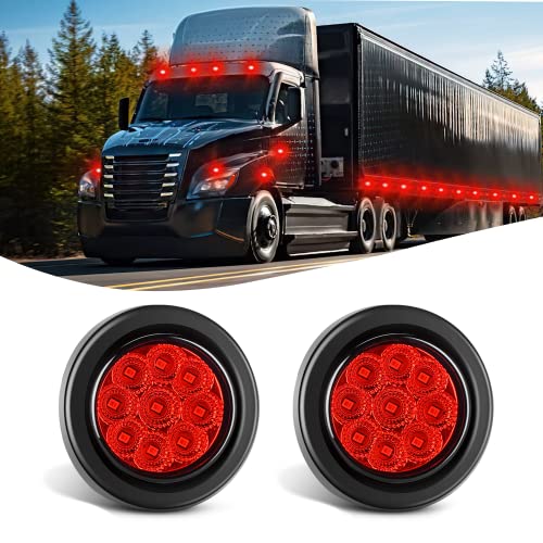 Nilight 2 Inch Round Marker Light 2PCS Red 9LED LED Indicator Clearance Lights Flush Mount with Plug Grommet Pigtail Hardwired for 12V Truck Trailer Tractor Buses Vans Boat