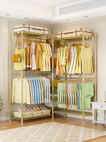 Ulif E4 Clothes Rack, Heavy-Duty Garment Rack, Metal Freestanding Clothing Organization Storage System Can Be L-Shaped with Shelves and Hangers, Max Load 962lbs, 71.6" W x 14.5" D x 79.3" H, Gold - Image 6