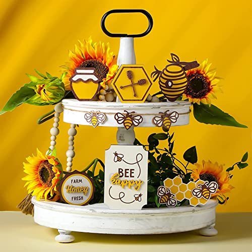 2022 Bee Festival Tiered Tray Decor Wooden Tiered Tray Decor Items Mini Rustic Farm Decorations Mini Signs Bee Festival Decoration for Home Table, Shelf, Display Cabinet Decorations (A-7Pcs)