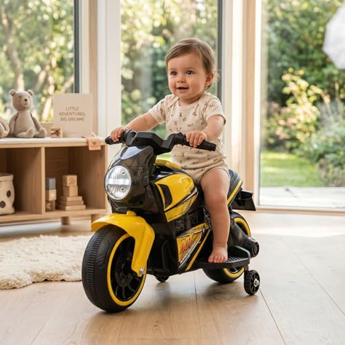Image of MEKASHI 6V Electric Ride-On Bike for Kids with Bluetooth Music (Yellow) | Realistic styling with LED headlight, rechargeable battery & smooth ride performance for toddlers aged 1-4 years