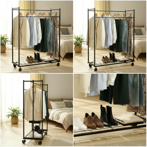 Image of RIZIK STORE Heavy-Duty Metal Garment Rack with Wheels & Bottom Shelf | Clothes Organizer, Storage Shelf | Anti-Rust Iron Clothing Stand for Bedroom, Entryway & Living Room (Black)
