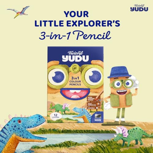 Image of Fevicryl YUDU 3-in-1 Colour Pencils | 12 Shades + Free sharpner | Colour Pencil, Crayon & Water Colour in 1 | Easily Washable, Non-Toxic & Safe for Kids 6-12yrs | Ideal Gift for Kids