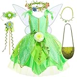 HHYTOKKI Fairy Princess Costume Set with Wings, Girls Forest Halloween Birthday Party Dress, Floral Headband and Wand 3-10Y (Fairy Princess Dress, 5-6T (Tag-130))