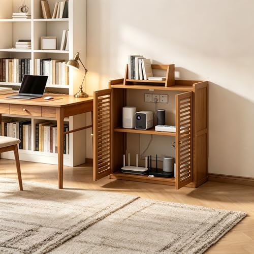 Image of WiFi Router Storage Cabinet with Louvered Doors,Adjustable Shelves,Multi-Functional Hidden Storage Cabinet,for Living Room,Office,Small Households