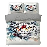Funda Nordica Cama 105 de 3 Piezas Tigre Blanco Juego de Ropa de Cama 110gsm Microfibra con Cremallera Feroz Funda EdredóN 180x220 cm con 1 Funda de Almohada 50x75cm