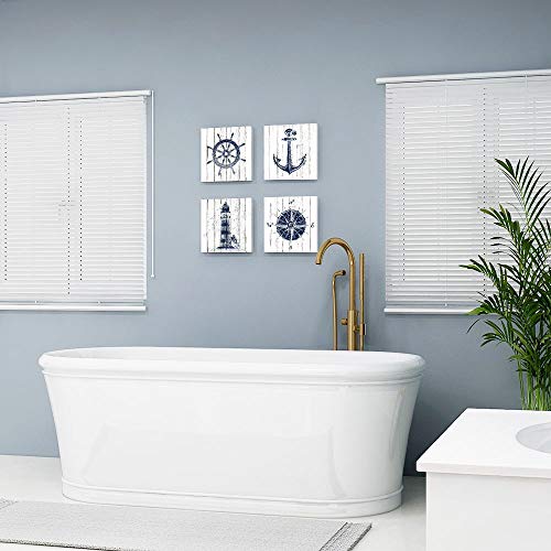 Adecuado Nautical Wall Art Beach Home Decor Boat Anchor Paintings Helm Drawing Compass Lighthouse Rustic Style Pictures Dark Blue Artwork Ready to Hang for Bathroom Living Room 12x12 Inch, 4 Panels - Image 4