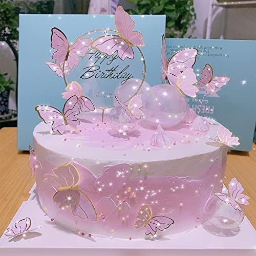ANCTEY Butterfly Cake Topper Happy Birthday 11 PCS Butterfly Cake Decorations with 1 Big Acrylic Cake Topper and 10 Butterflies for Girls Women's Birthday Wedding Party Anniversary