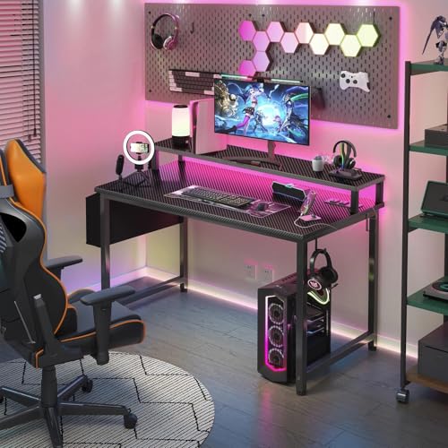 Image of Lufeiya Gaming Desk with Power Outlets and LED Lights, 40 Inch Gamer Desk Table with Charging Station, Home Office Computer Desks with Monitor, Black