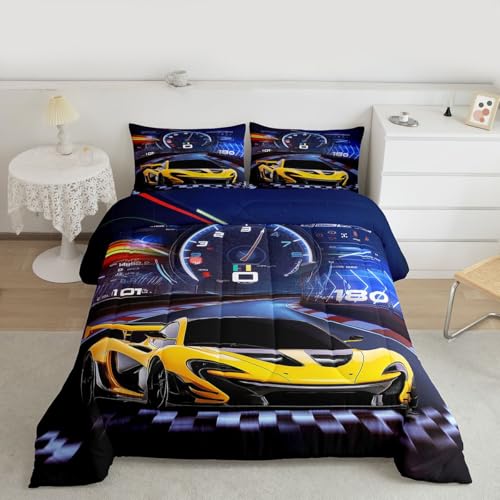 Image of Feelyou Blue Yellow Sports Bedding Set - Race Car Comforter Set for Kids - Twin Size with 1 Comforter Set and 1 Pillowcase
