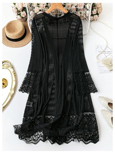 GORGLITTER Women's Plus Size Lace Patchwork Lightweight Cardigan Long Sleeve Open Front Shrugs Long Cardigan2