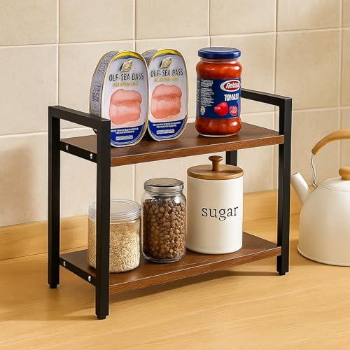 Image of Decorlay Kitchen Countertop Storage Organizer, Laminated Brown Wood Board with Black Metallic Frame | Space-Saving Rack for Spice Bottles & Condiments | Pack of 1