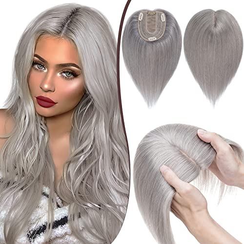 SEGO Clip in Hair Topper for Women, No Bangs Remy Human Hair Toppers, Silk Base Top Wiglet Hairpieces for Hair Loss Thinning Cover Grey 4 Clips