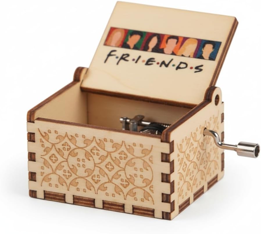 OFFO Hand Crank Wooden Music Box – Friends TV Show Theme Tune | Vintage Gift for Friends Fans, Boys, Girls & Adults | Nostalgic Collectible Décor for Bedroom, Desk & Shelf