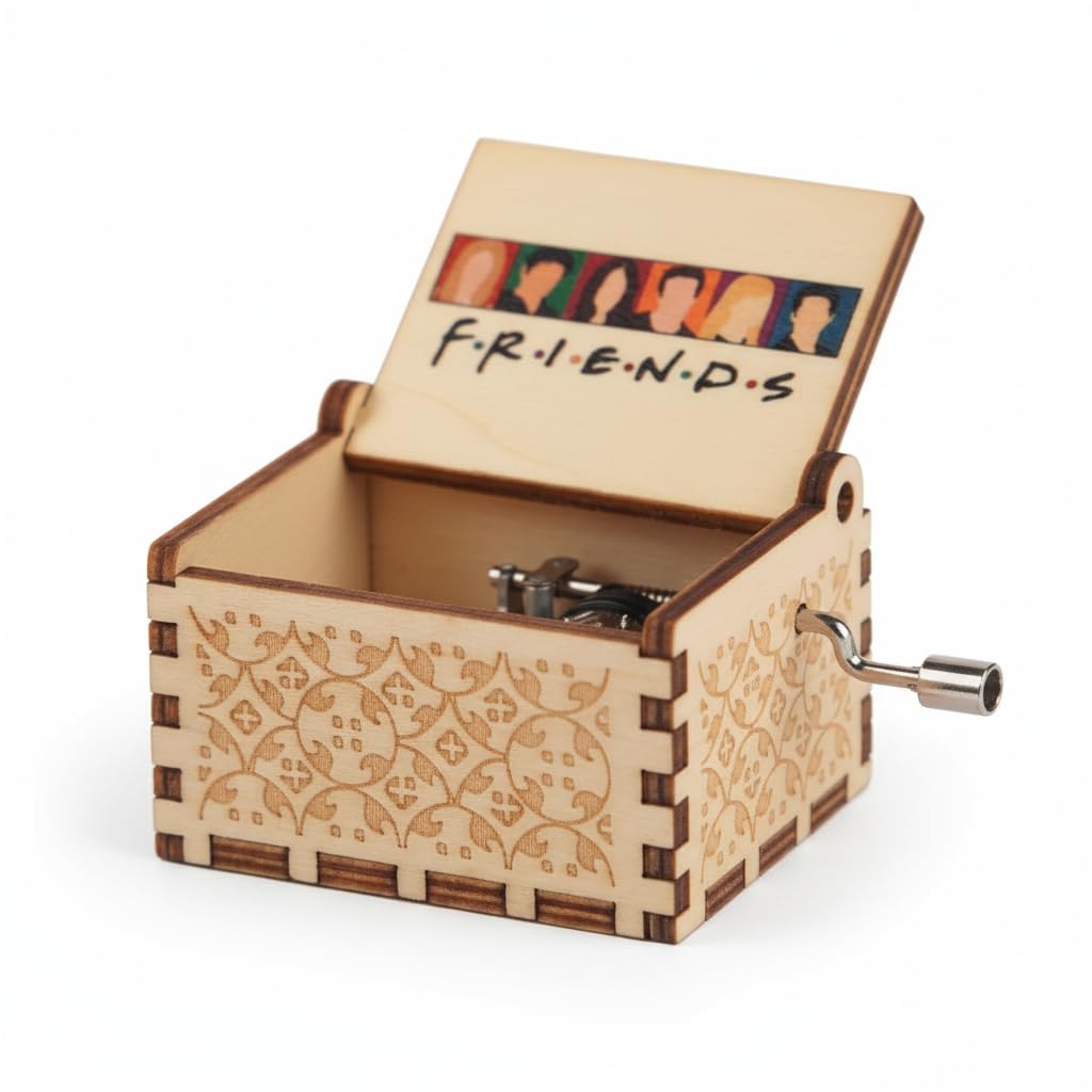 OFFO Hand Crank Wooden Music Box – Friends TV Show Theme Tune | Vintage Gift for Friends Fans, Boys, Girls & Adults | Nostalgic Collectible Décor for Bedroom, Desk & Shelf
