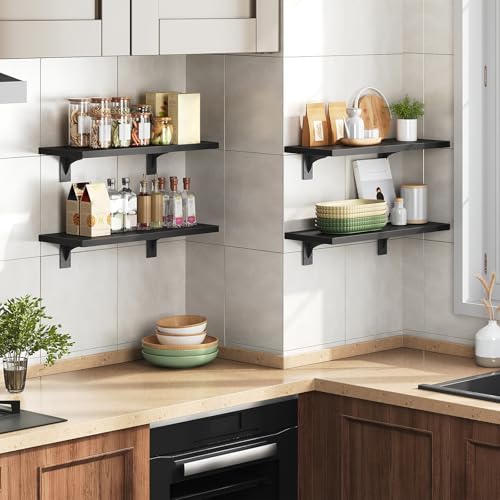 Image of HOOBRO Floating Shelves for Wall, 15.4 inch Wall Mounted Shelves Set of 2, Hanging Storage Shelf with Metal Brackets, Wooden Shelf for Living Room, Bedroom, Bathroom, Black BK42BJP201G1