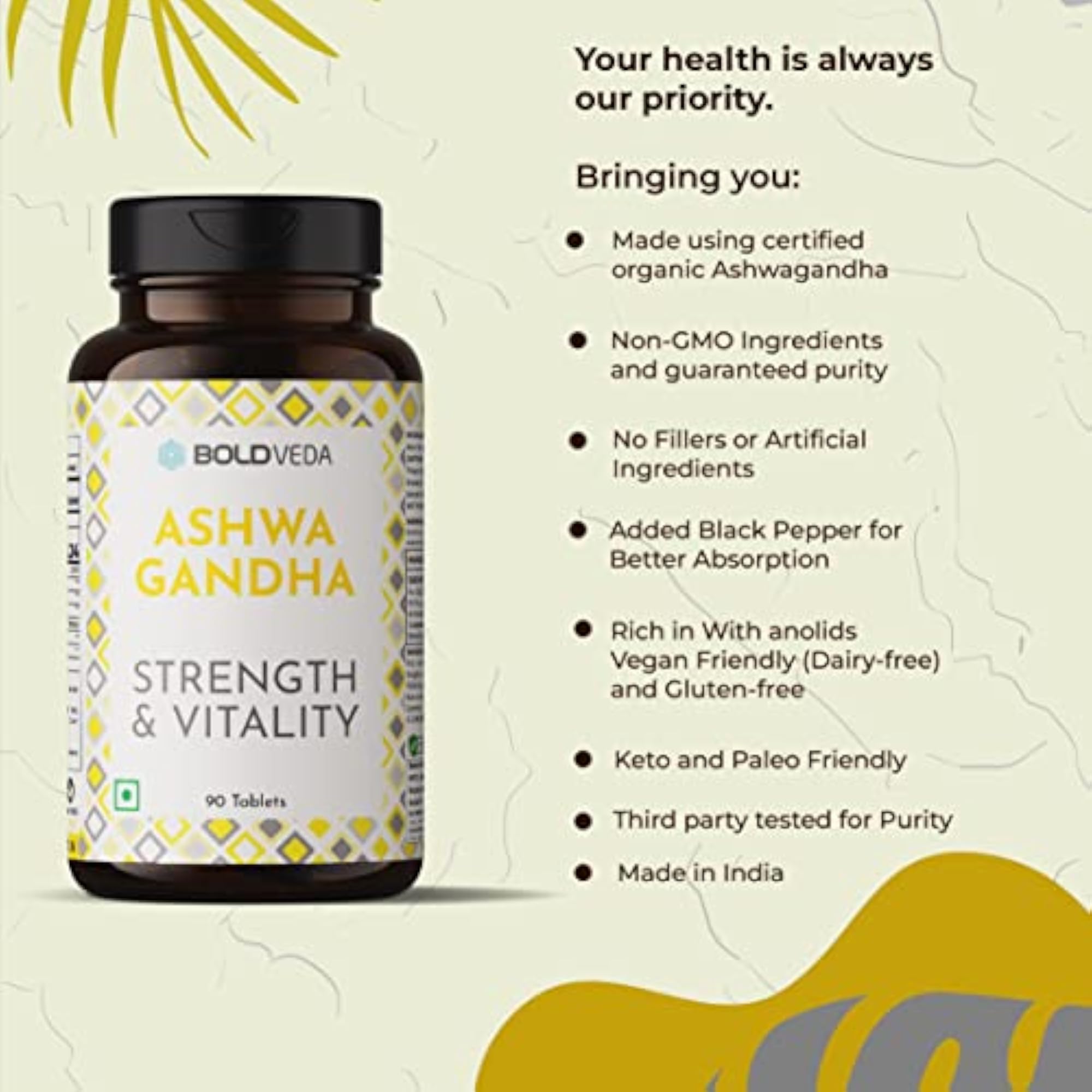 Boldveda Ashwagandha Tablets with Piperine, Stress Relief