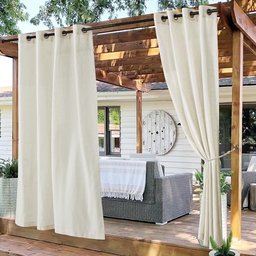 PONY DANCE Rideau Extérieur - Rideaux Voilage Lin Décoration de Jardin Terrasse Imperméable Demi-Transparent Souple Romantique Moderne à Oeillets, L 140 x H 243 cm,...