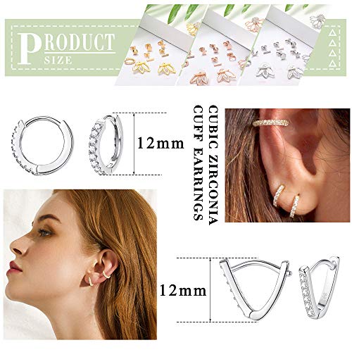 Loyallook 10Pairs Stainless Steel Stud Earring Set Moon Star Bar Earrings Lotus Ear Jacket Cz Cuff Hoop Huggie Cartilage Earring For Women, Silver #TOP3