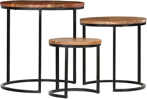 Miniatura 2 de Juego de mesa de centro industrial rústica de 3 piezas, mesa de centro de madera de acacia maciza resistente y duradera con acabado Sheesham, mesas