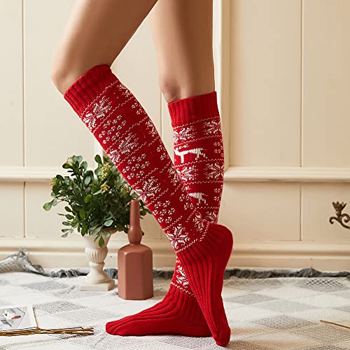 Image of Pcavin Thigh High Socks for Women Cable Knit Over the Knee Boot Socks, Long Warm Leg Warmers Winter(Red Christmas1)