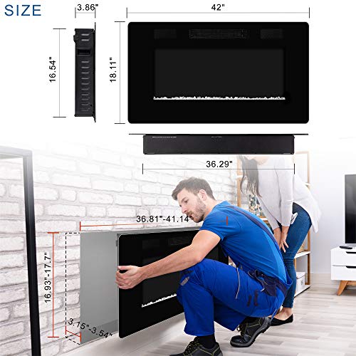 42" Fireplace in-Wall Recessed and Wall Mounted 1500W Heater and Linear Fireplace with Timer/Multicolor Flames/Touch Screen (Black)