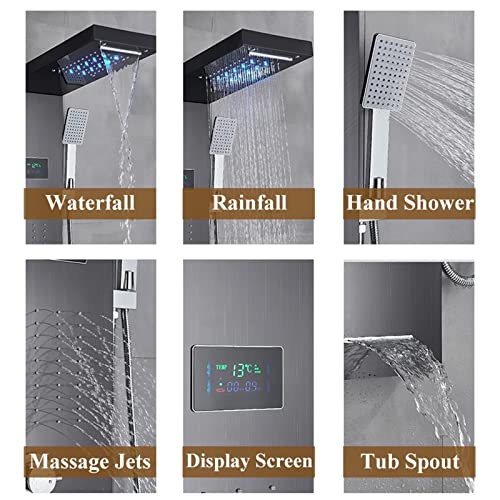 Columna de Ducha Negro con Panel de Ducha de Acero Inoxidable y LED, Sistema de Ducha con 5 Funciones, Hidromasaje y Ducha Cascada miniatura 6
