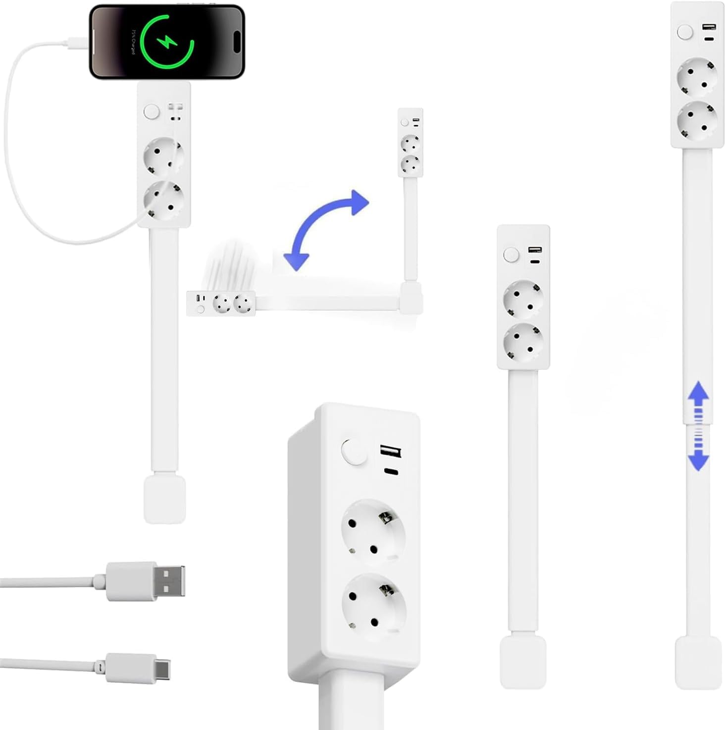 Prise murale extensible et rotative avec USB-A, USB-C et 2 prises - Idéal pour les coins étroits tels que les tables de chevet, les canapés et les bureaux.