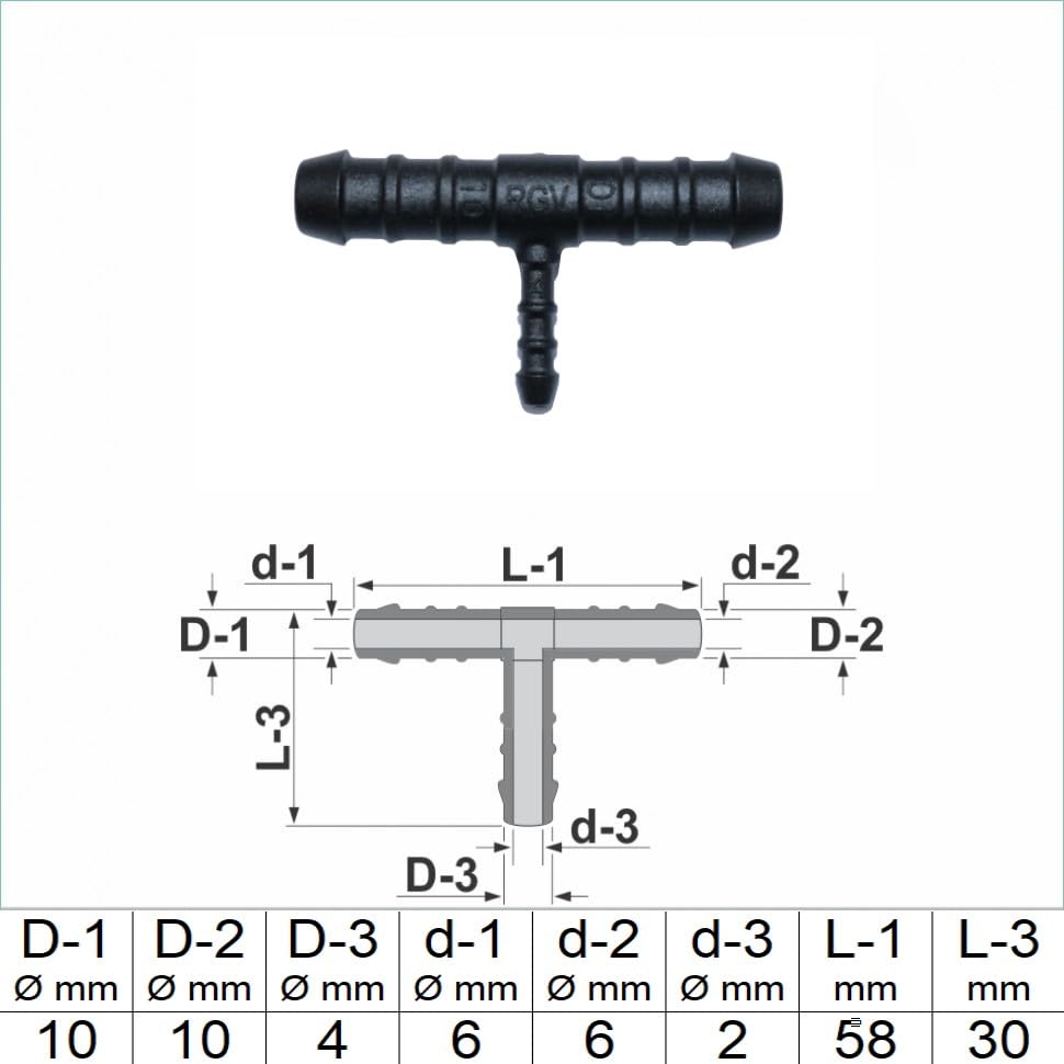 3-Way T Hose Connector - 10mm X 18mm X 18mm, 82mm Long, Black Plastic (Part #208C) 12 thumbnail image