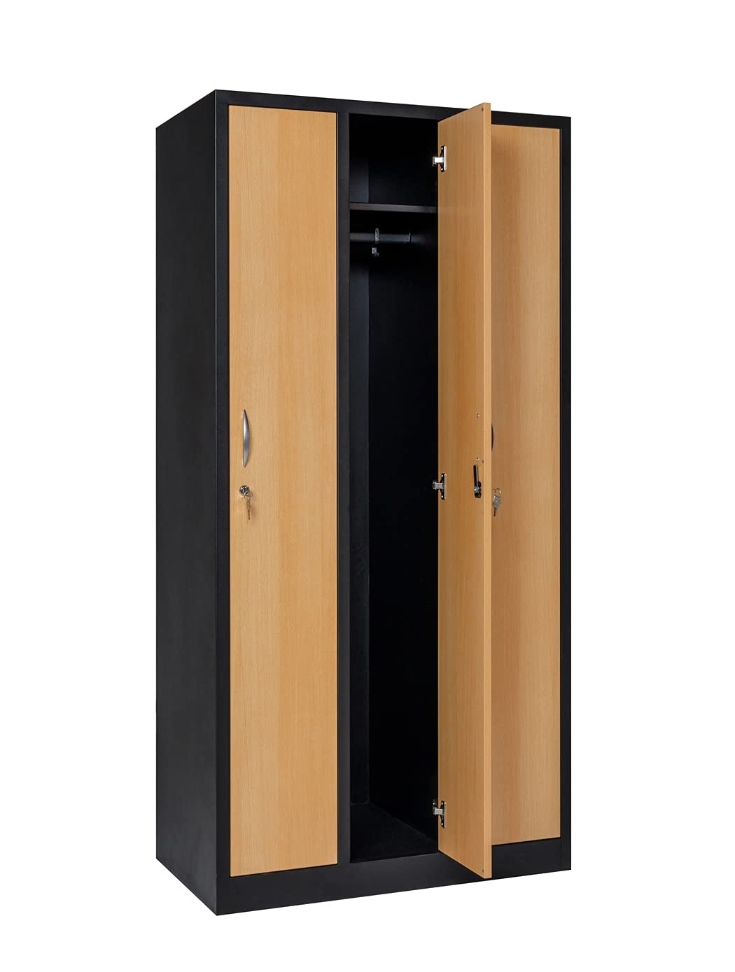 furni24 Garderobenschrank 90 cm x 50 cm x 180 cm schwarz/buche 3-türig 30 cm Abteilbreite fertig montiert Verschiedene Ausführungen verfügbar