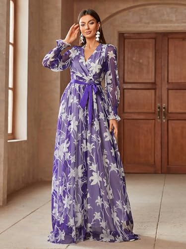 Image of TOLEEN Summer Casual Dresses for Women 2024 Spring Fashion Boho V Neck Long Sleeve Ruffle Floral Print Elegant Maxi Dress