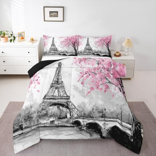 Erosebridal Paris Comforter Set King Size Pink and Grey Eiffel