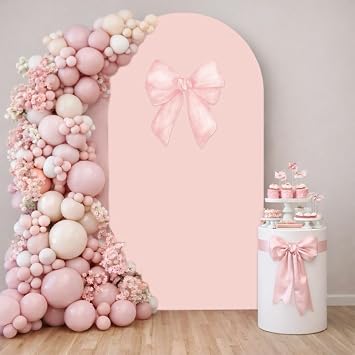 Pink Bows Theme Birthday Party Arch Backdrop Covers Bloom Girls Baptism Baby Shower Decorations Arch Stand Spandex Cover Fiesta Parties Decors 4x7.2FT,4020
