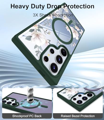 Image of VONZEE Compatible with Samsung Galaxy S25 Ultra 5G Case Luxury Retro Flowers Floral Clear for Magnetic Wireless Charging Case Shockproof Case PC+TPU Cute Glossy Shiny Cover for Girls Women, Green