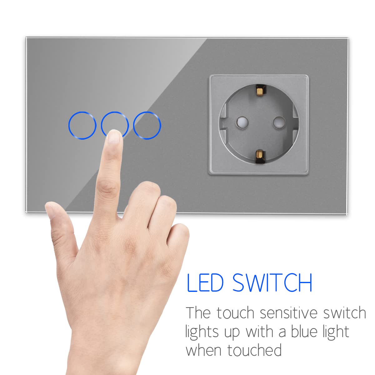 CNBINGO - Interruttore touch smart con presa Schuko da incasso con cornice in vetro, interruttore Wi-Fi per luci, funziona con Alexa, Google Assistant, interruttore a parete triplo in grigio