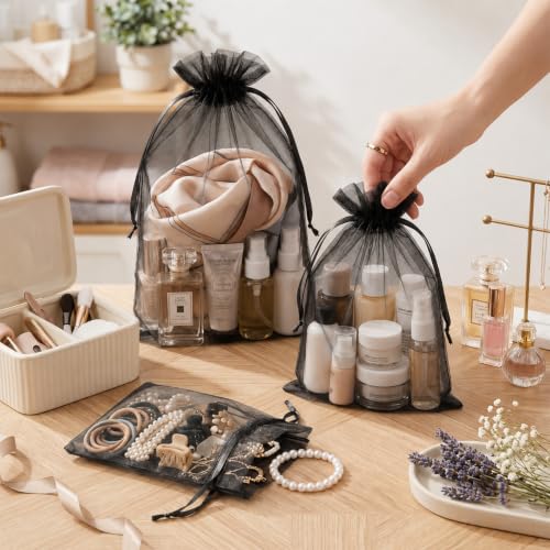 Image of FUNFERY 100Pcs Black Organza Bags 4x6 in,Small Mesh Drawstring Gift Bag